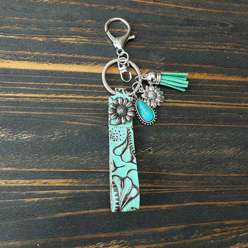Tooled Dyed Faux Leather Positive Vibe Turquoise Keyring