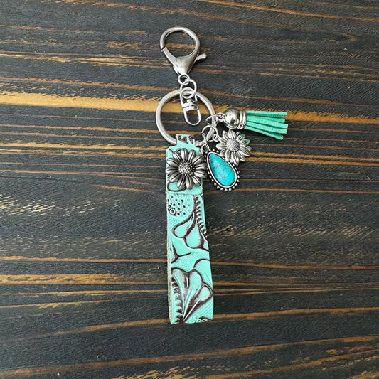 Tooled Dyed Faux Leather Positive Vibe Turquoise Keyring
