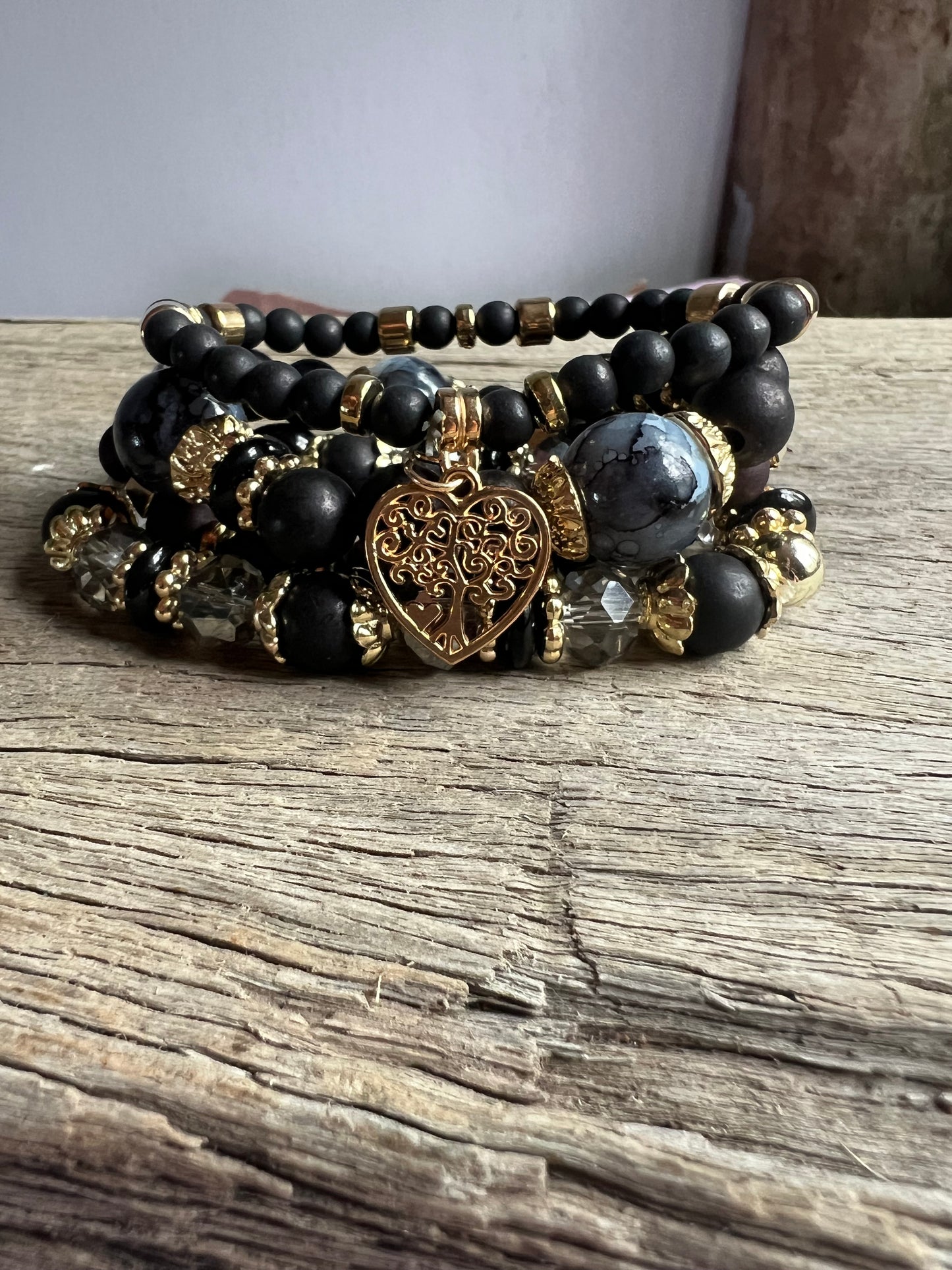 Black Heart Beaded Bracelet Stack