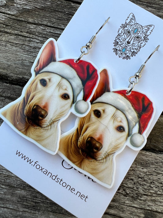 Roman Nose Bull Terrier Santa Hat Dog Earrings