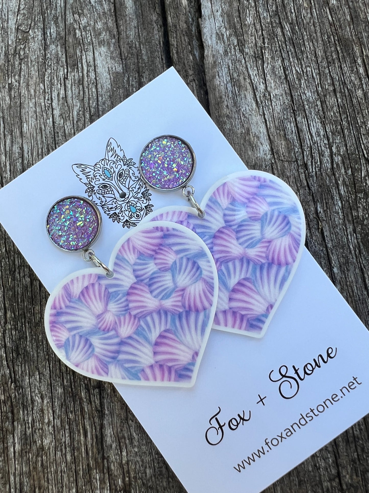 Sea Shells Purple Stud Heart Earrings