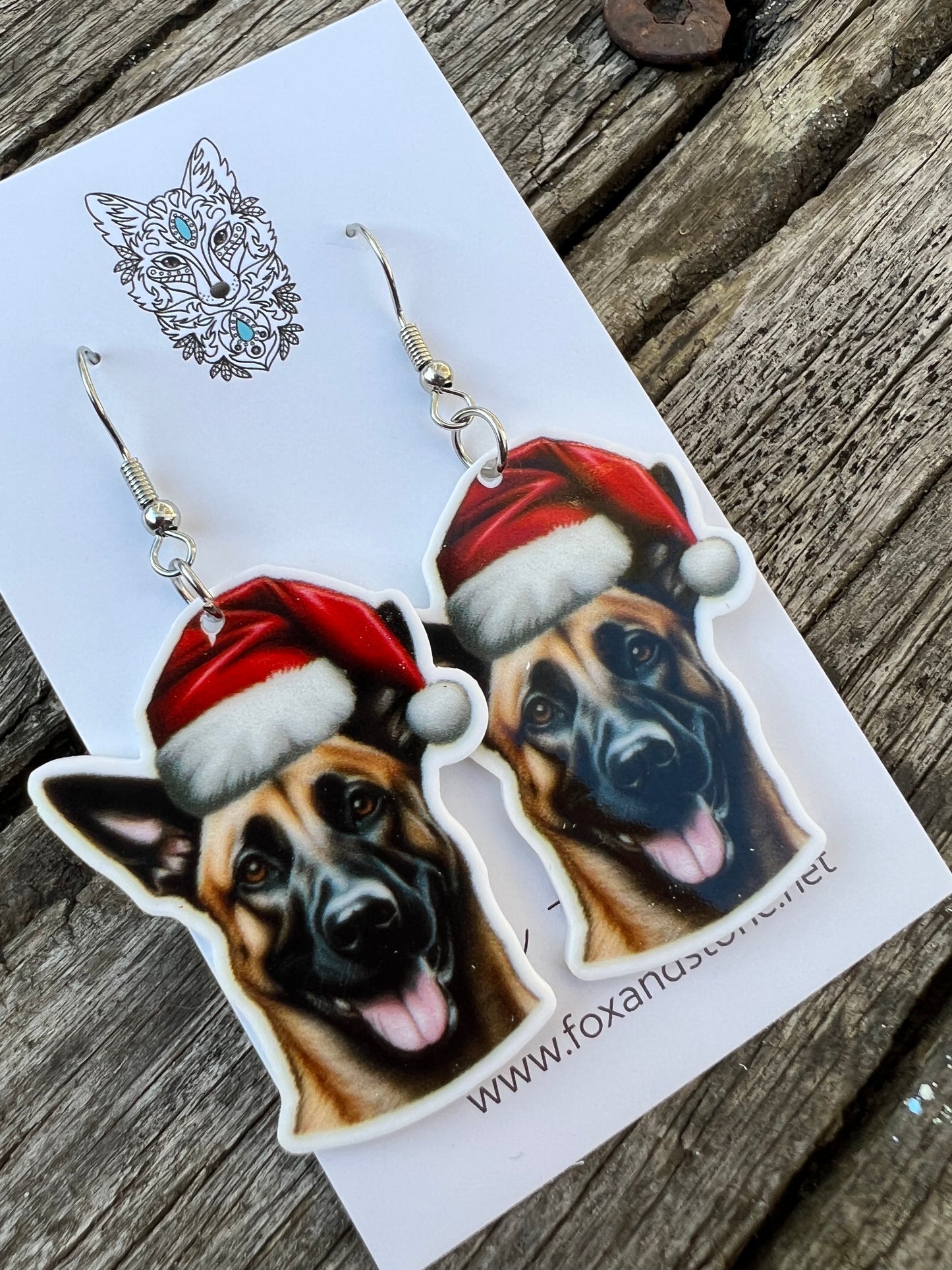 Belgian Malinois Santa Hat Dog Earrings