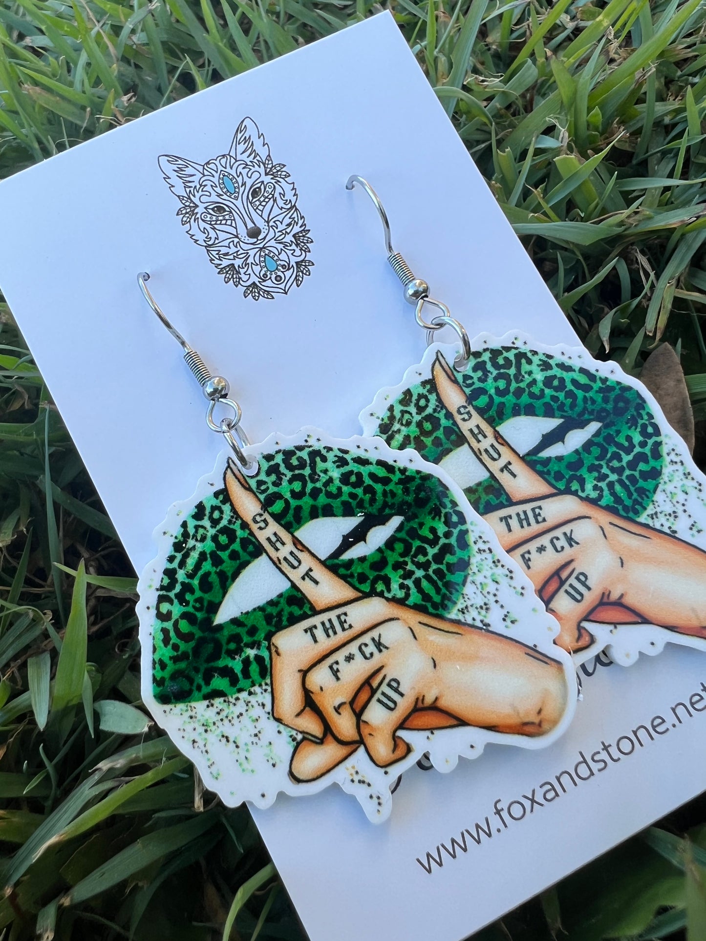 Shut The F#ck Up Green Leopard Earrings