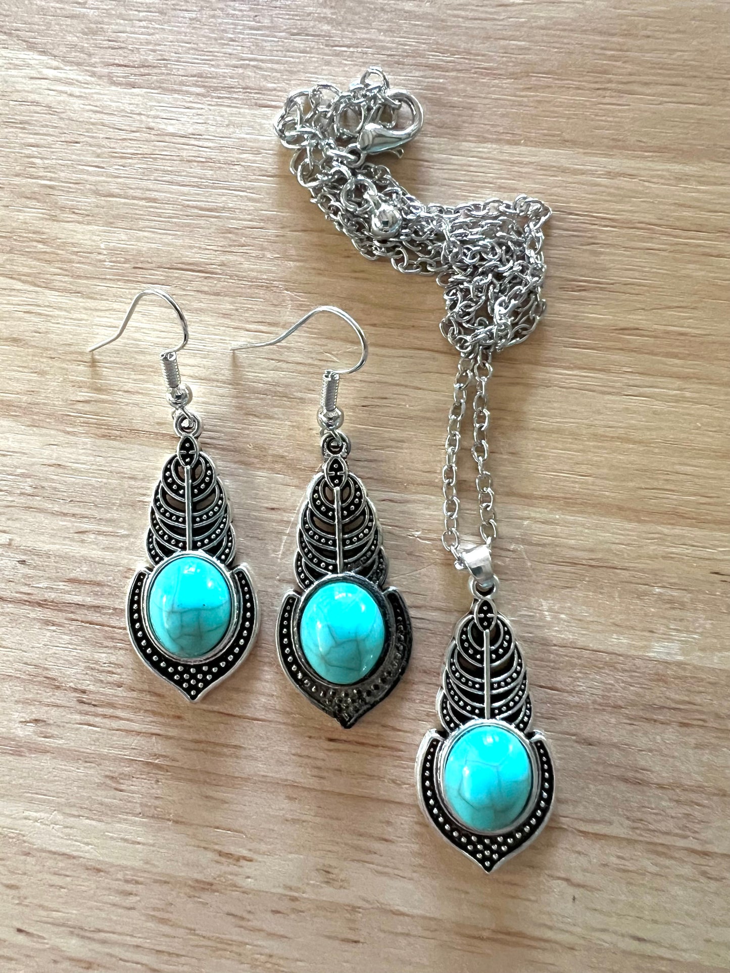 Silver Leaf Turquoise Pendant Earring Set