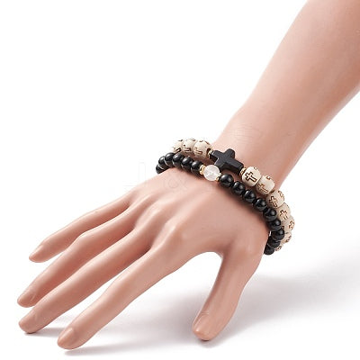 Natural Wood Gemstone Cross Bracelet Stack