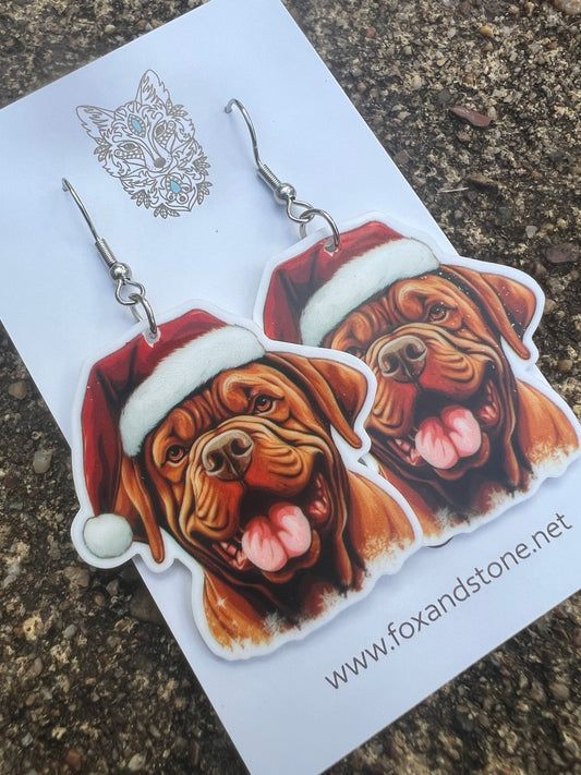 Dogues De Bordeaux Smile Santa Hat Dog Earrings