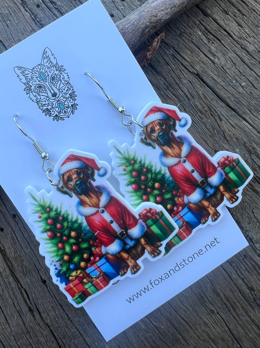 Rhodesian Ridgeback Santa Hat Dog Earrings