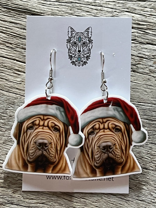 Sharpei Santa Hat Dog Earrings