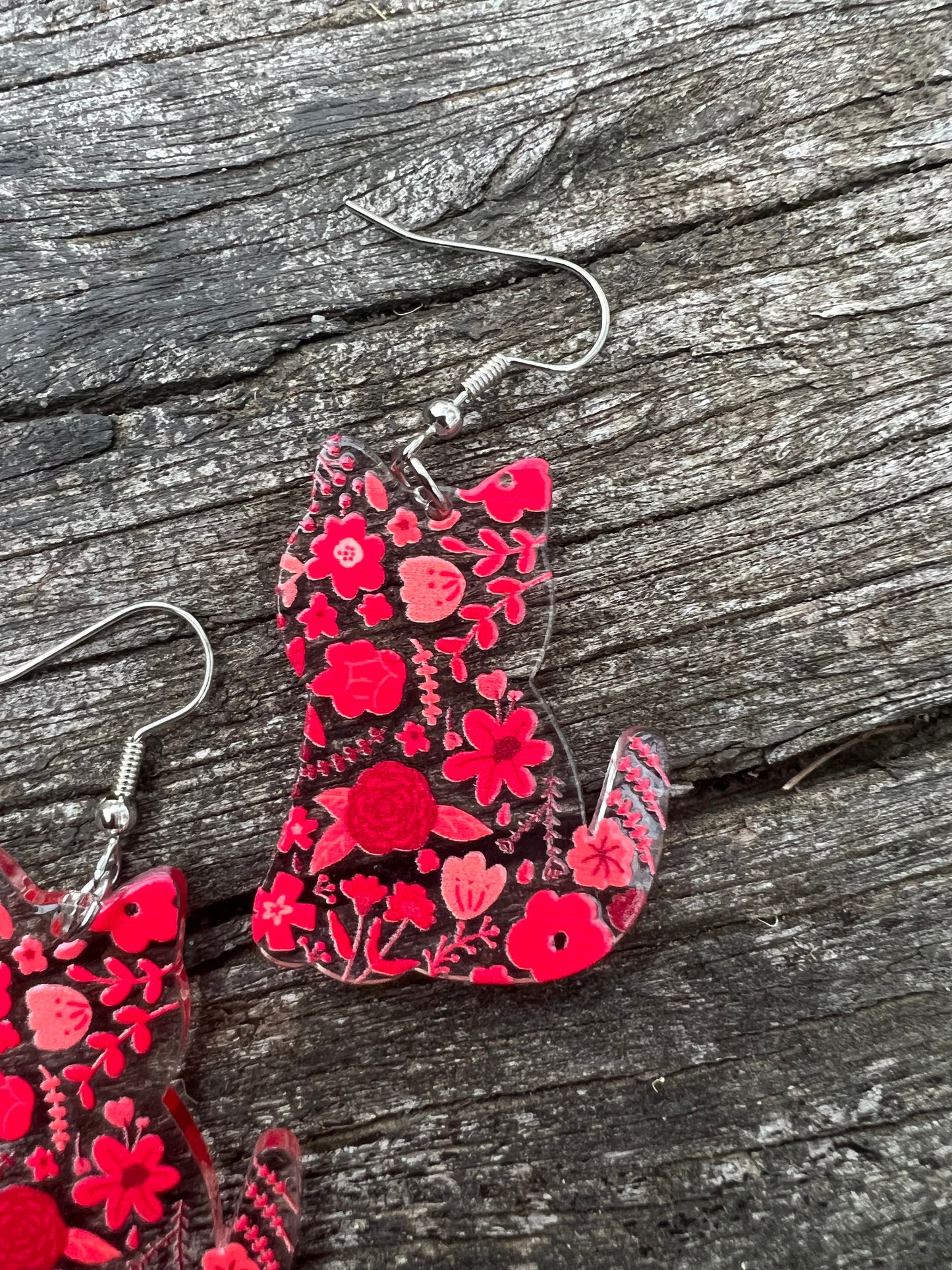 Pretty Red Floral Cat Earrings