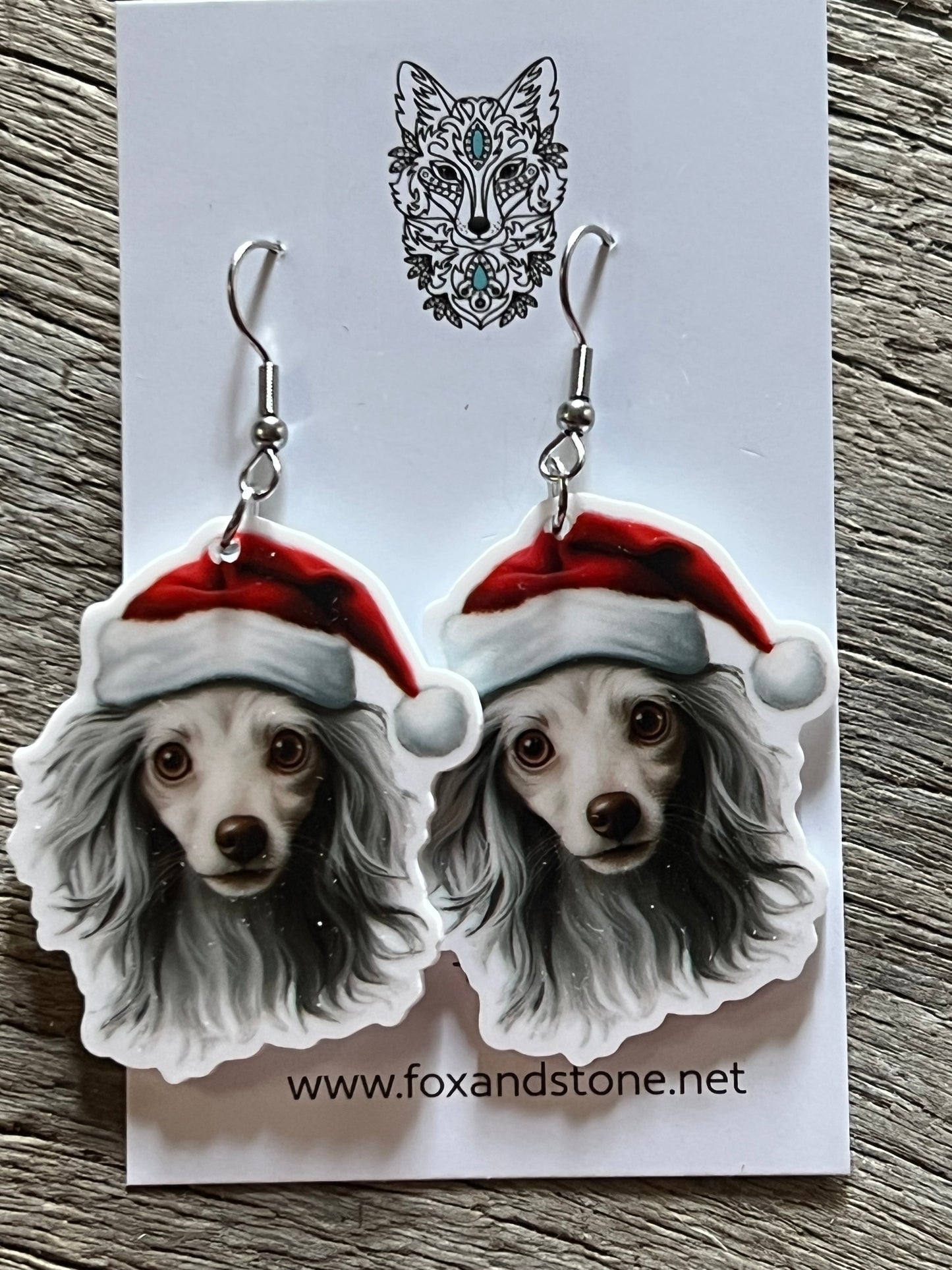 Chinese Crested Santa Hat Dog Earrings