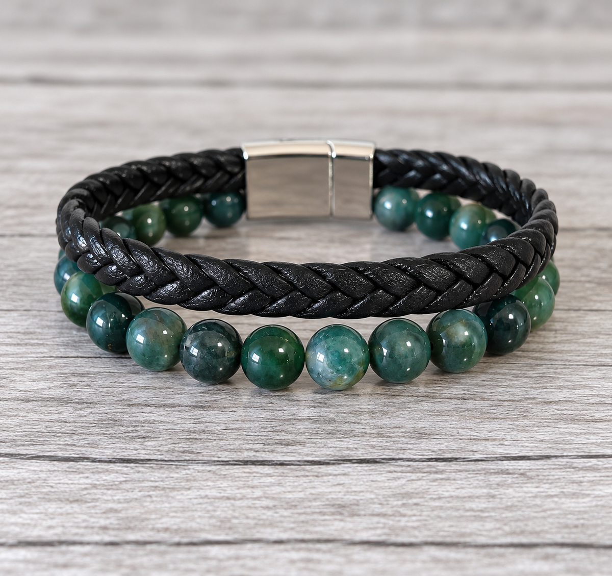 Moss Agate Vegan Leather Natural Gemstone Bracelet