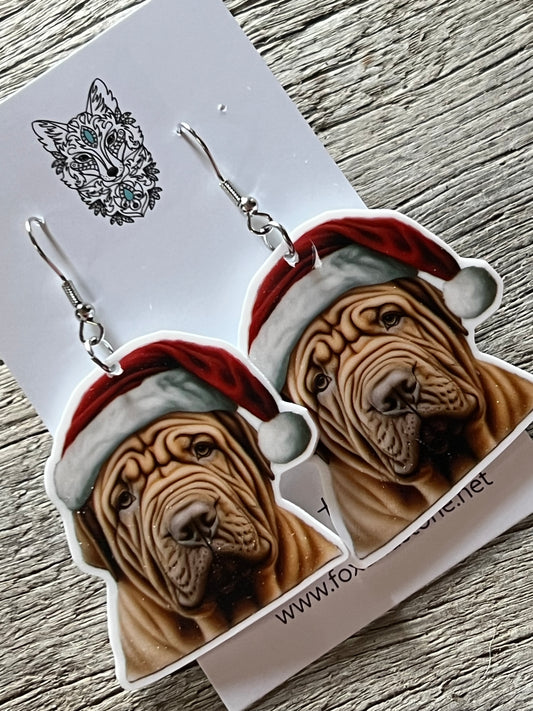 Sharpei Santa Hat Dog Earrings