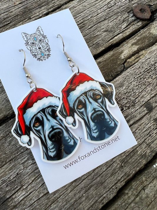 Great Dane Santa Hat Dog Earrings