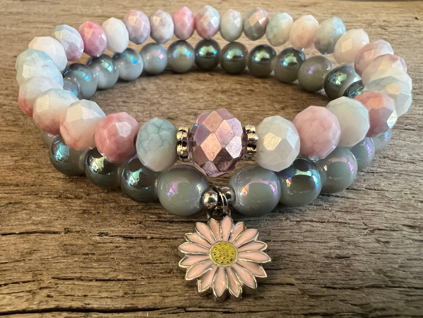 Daisy Charm Czeck Beaded Bracelet Set