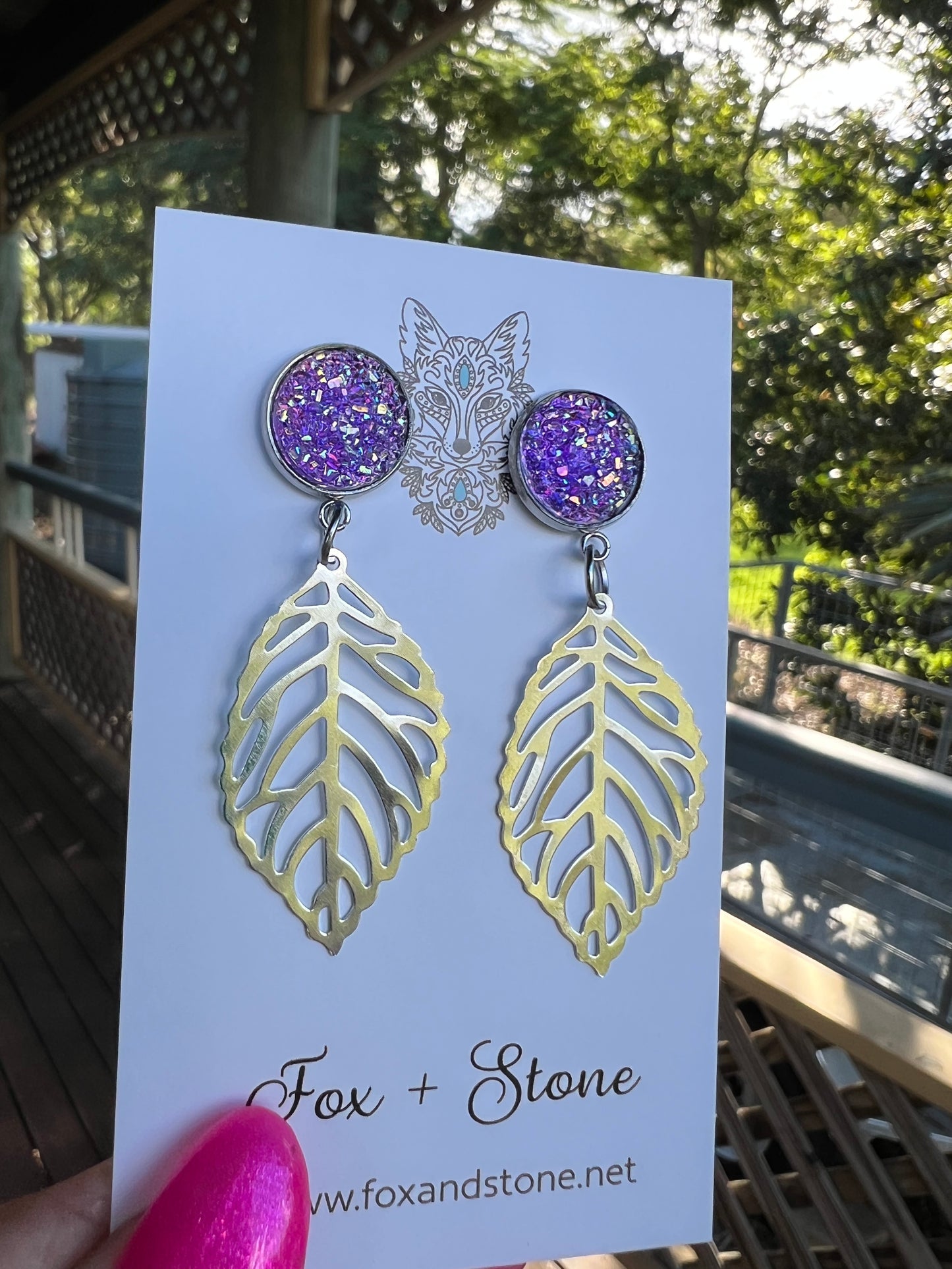 Purple Ice Silver Leaf Druzy Earrings