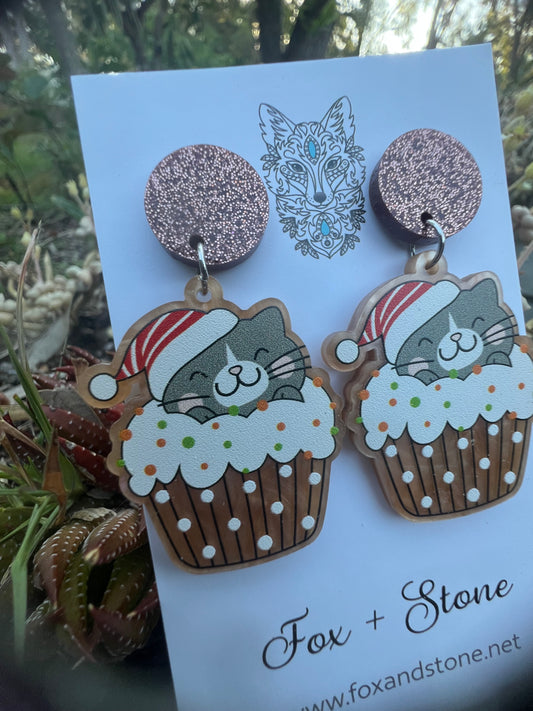Cupcake Kitty Christmas Earrings