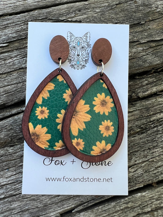 Petra Green Sunflower Wood Earrings