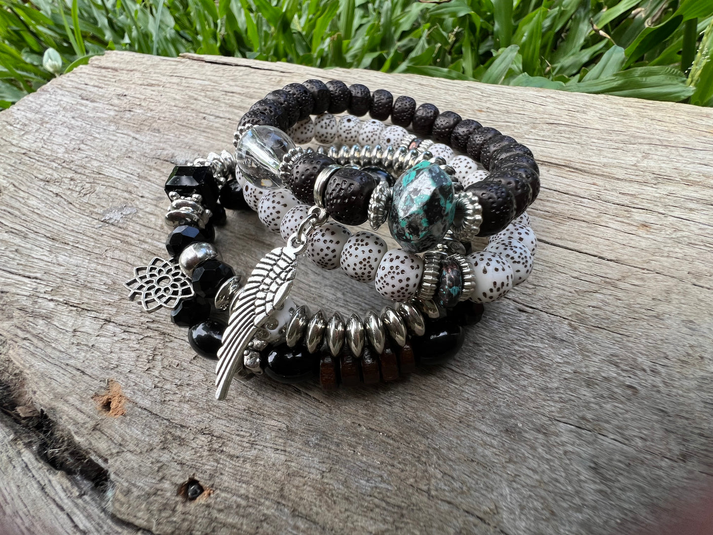 Silver Leaf Beaded Bracelet Stack