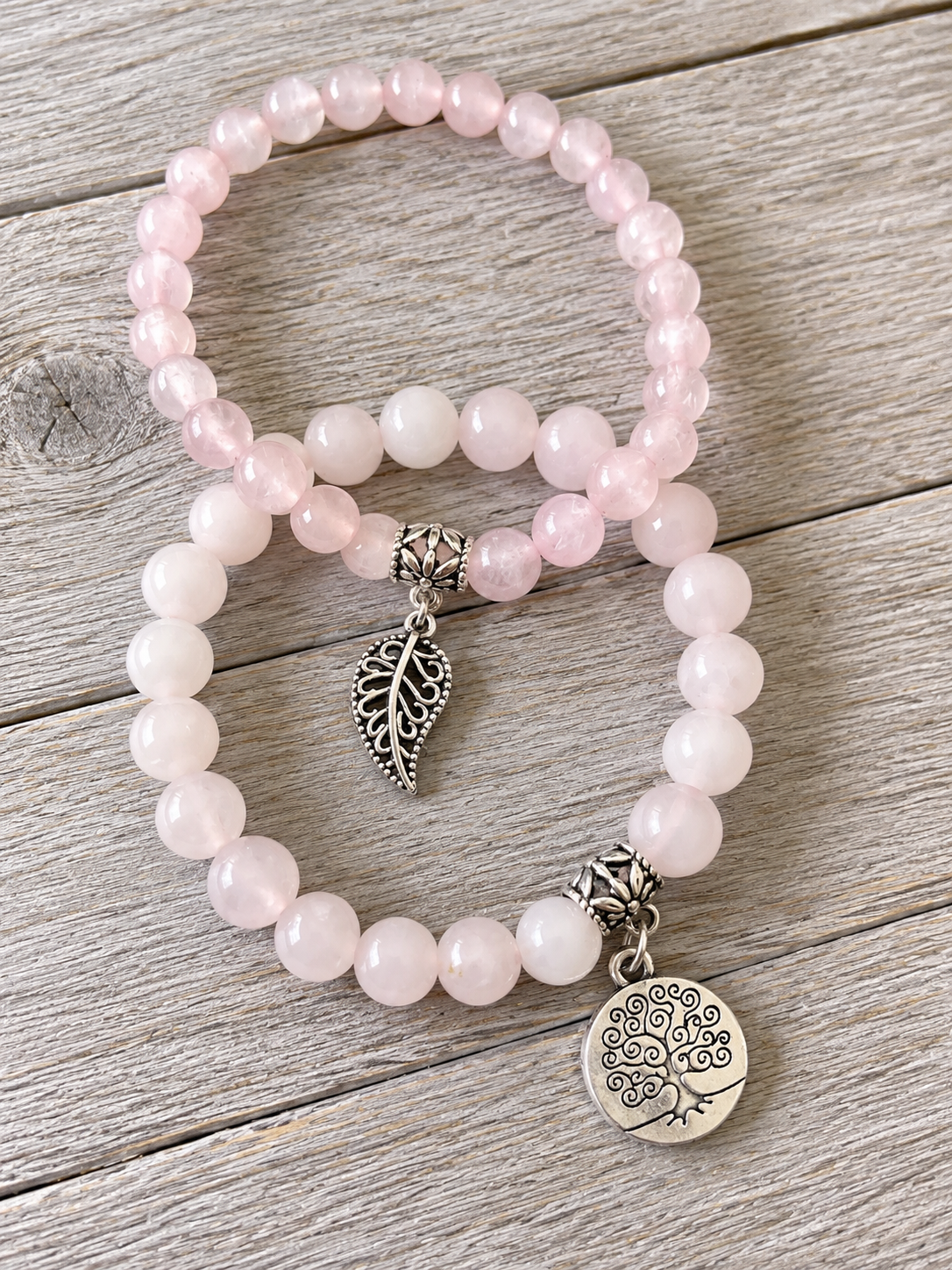Rose Quartz Double Natural Stone Bracelets Silver