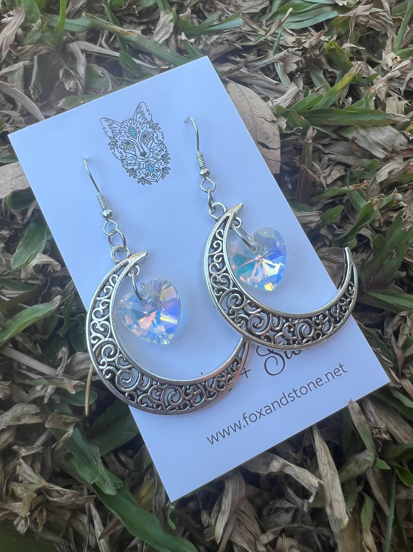 Crystal Filigree Moon Silver Earrings