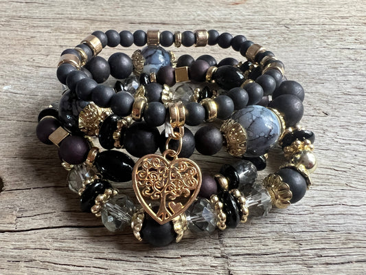 Black Heart  Beaded Bracelet Stack