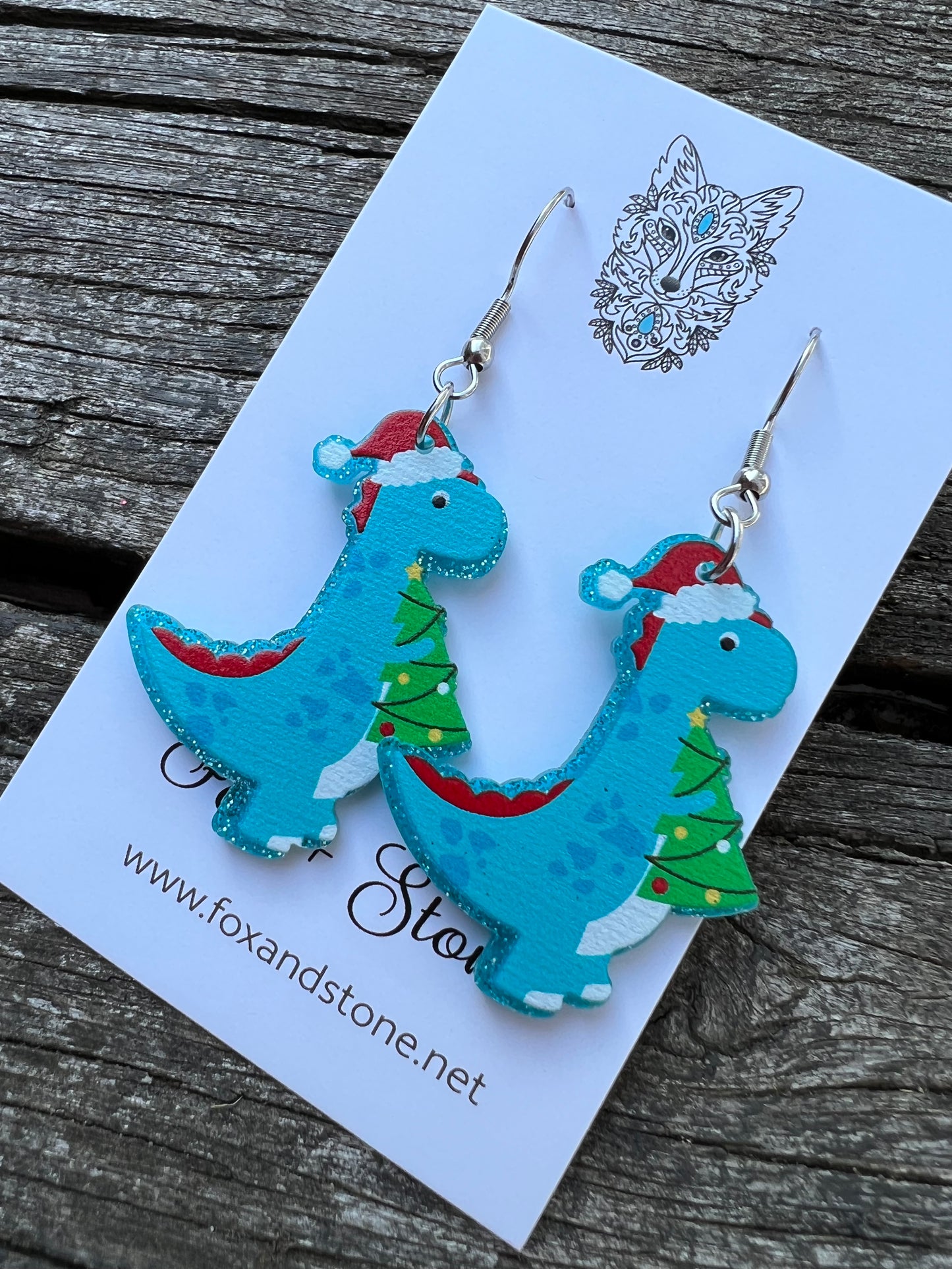 Blue Dino Xmas Earrings