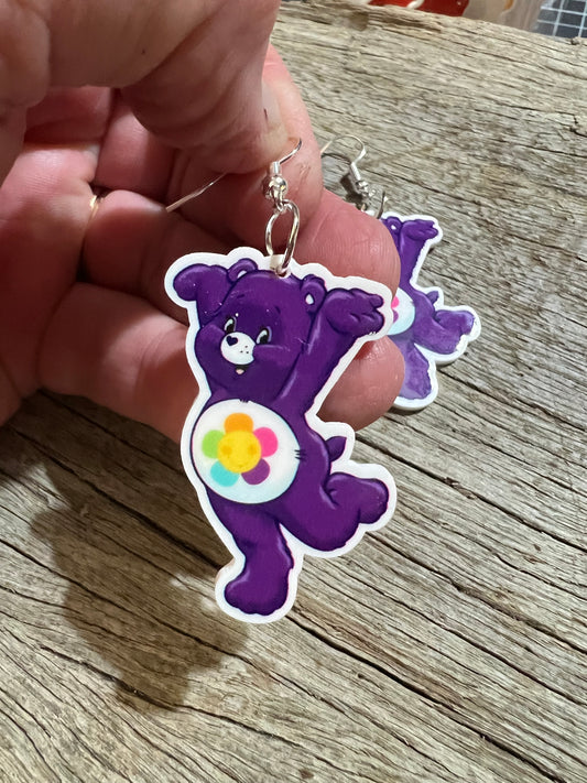 Purple Rainbow Flower Bear Earrings