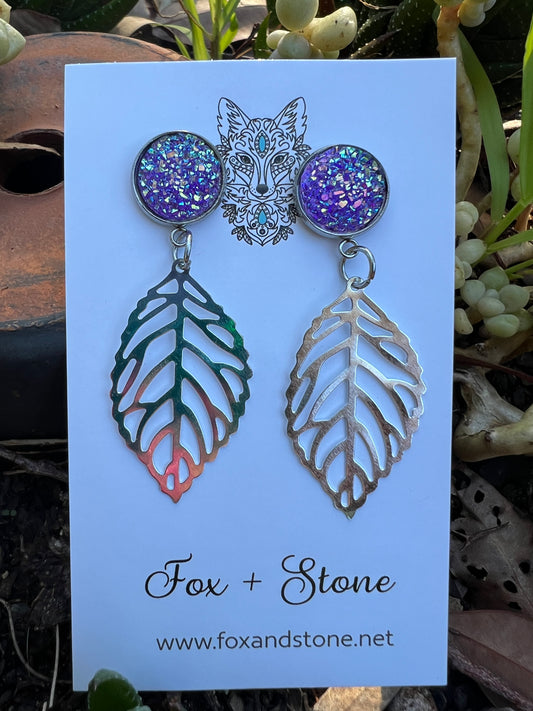 Purple Ice Silver Leaf Druzy Earrings