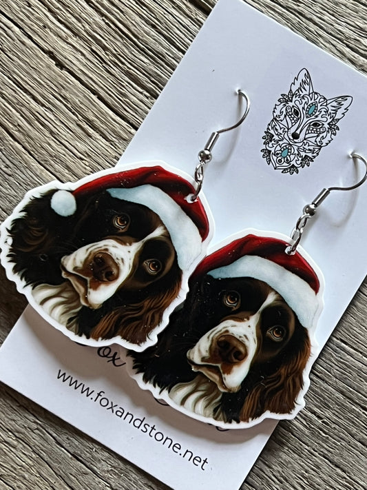 Springer Spaniel Santa Hat Dog Earrings