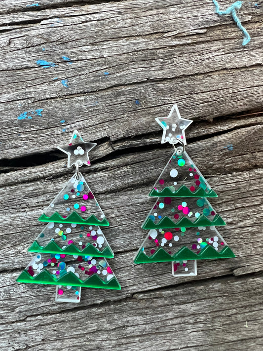 Beautiful Acrylic Mirror Xmas Tree Earrings B