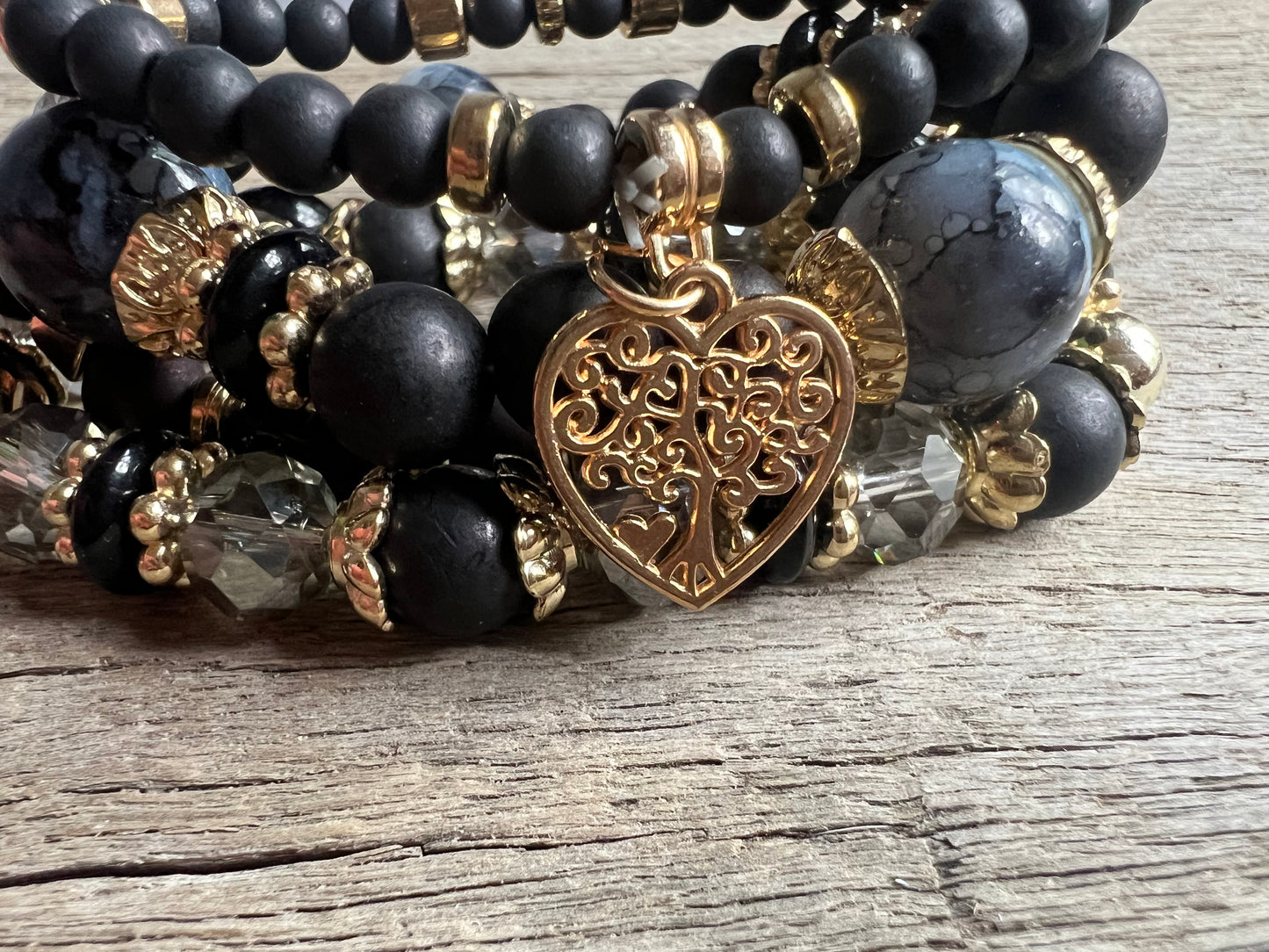 Black Heart Beaded Bracelet Stack