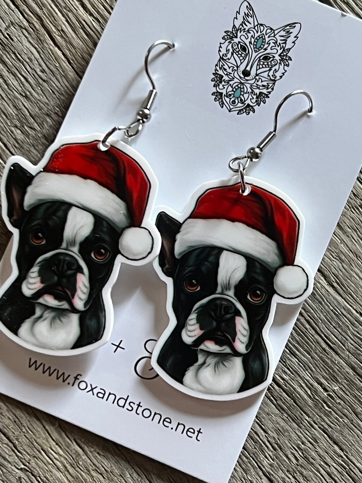 Boston Terrier Santa Hat Dog Earrings