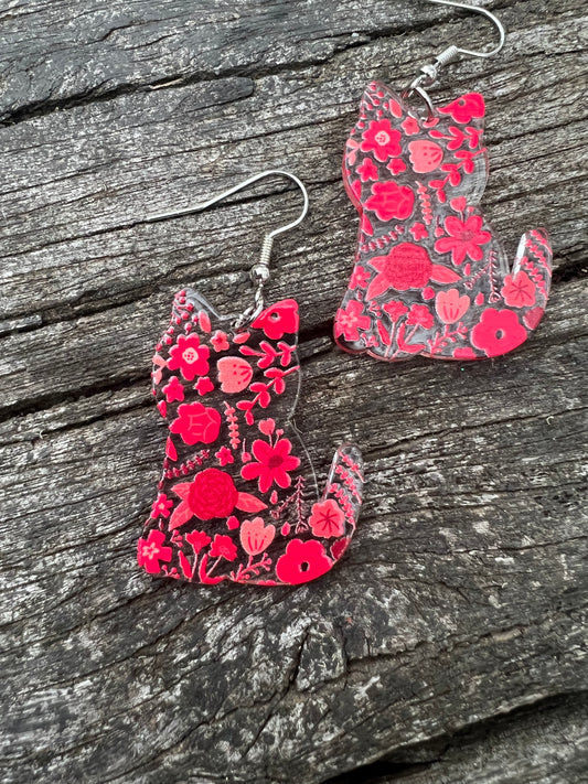 Pretty Red Floral Cat Earrings