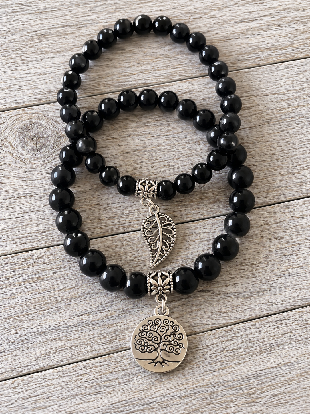 Obsidian Double Natural Stone Bracelets Silver
