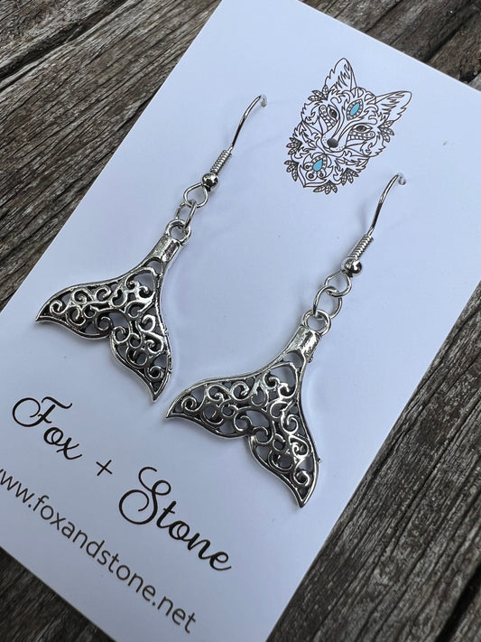 Filigree Silver Whale Tail Earrings