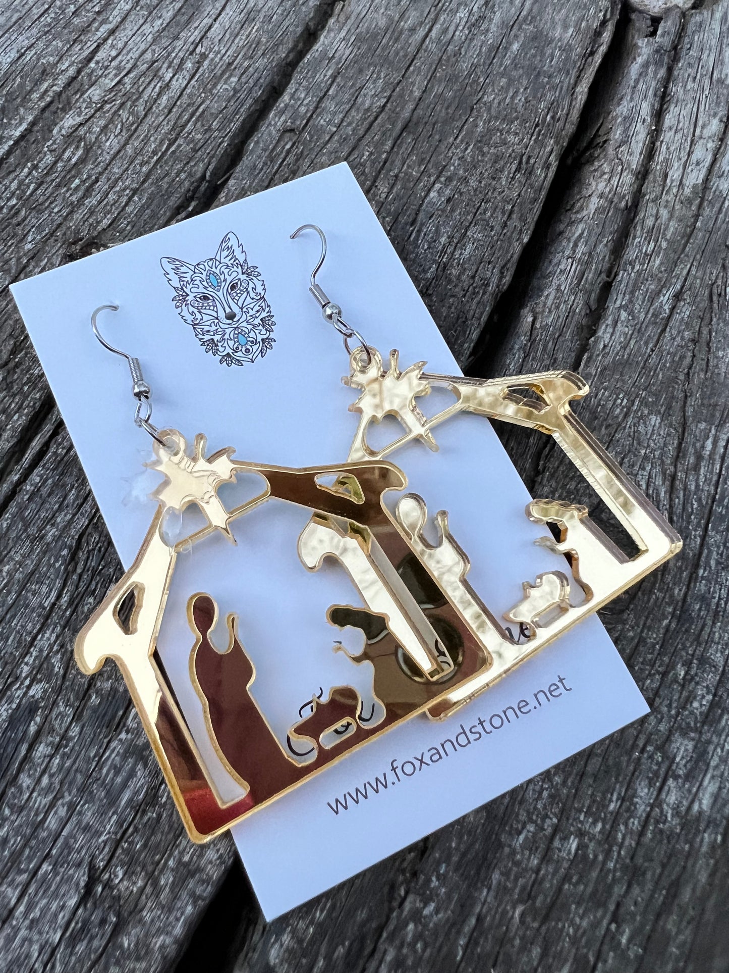 Mirror Gold Nativity Xmas Earrings