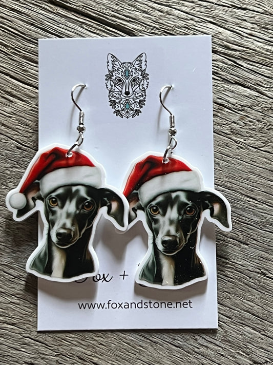 Whippet Santa Hat Dog Earrings