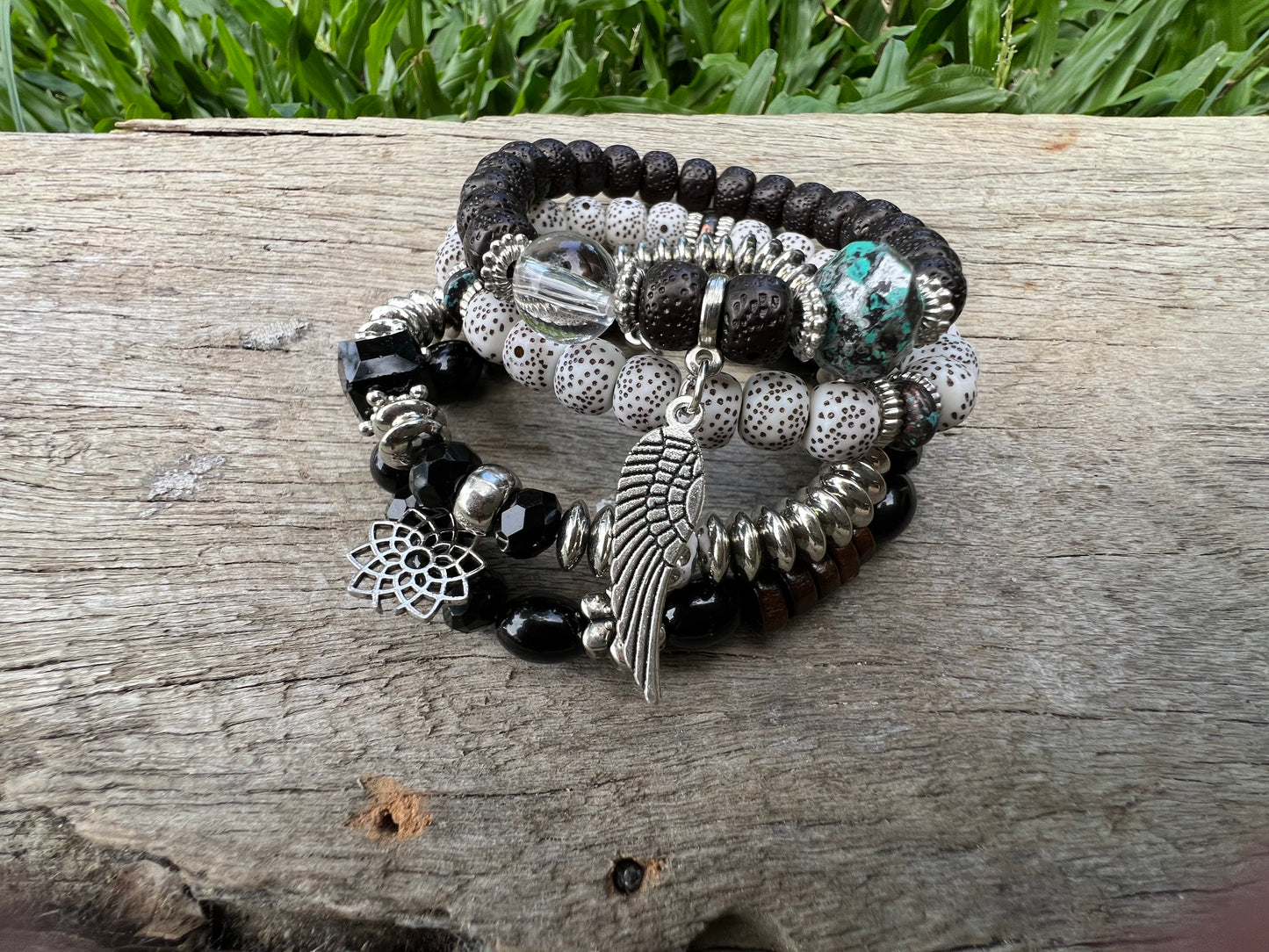 Silver Leaf Beaded Bracelet Stack