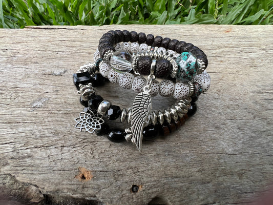 Silver Leaf Beaded Bracelet Stack