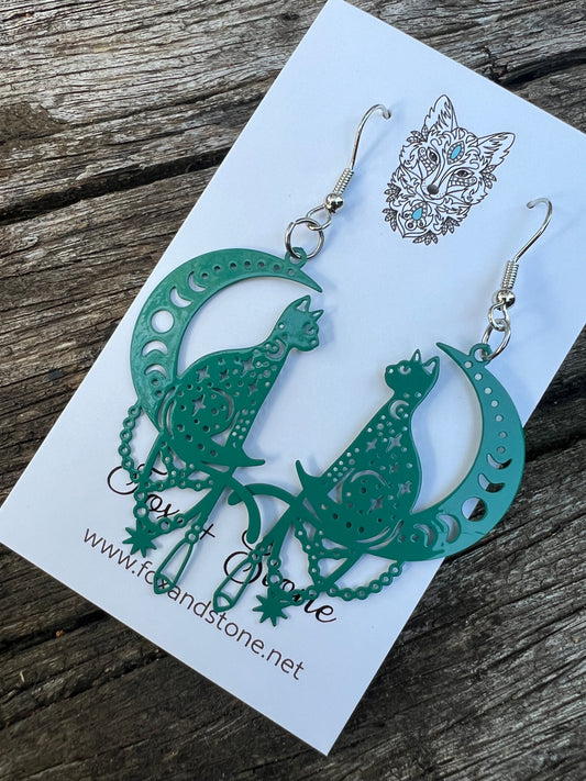 Mystical Moon Cat Filigree Earrings