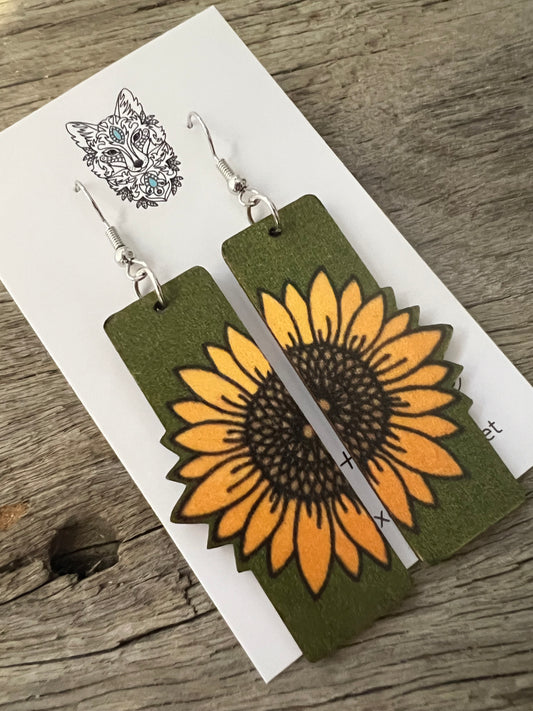 Khaki Sunflower Rectangular Natural Wood Earrings