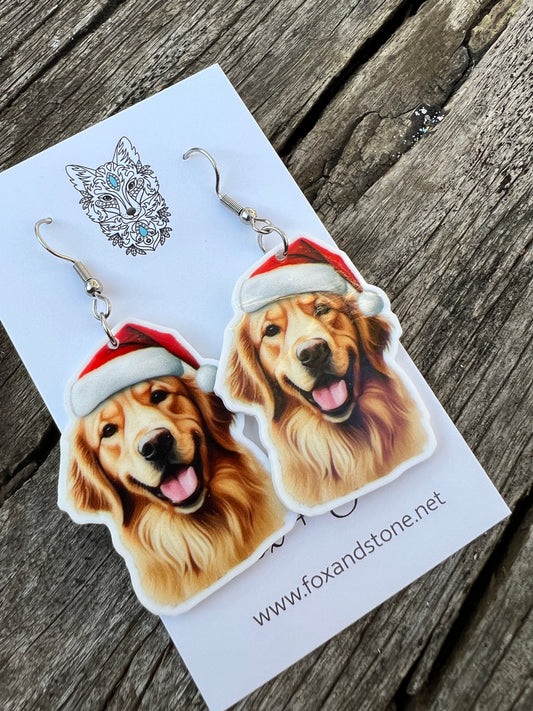 Golden Retriever Santa Hat Dog Earrings