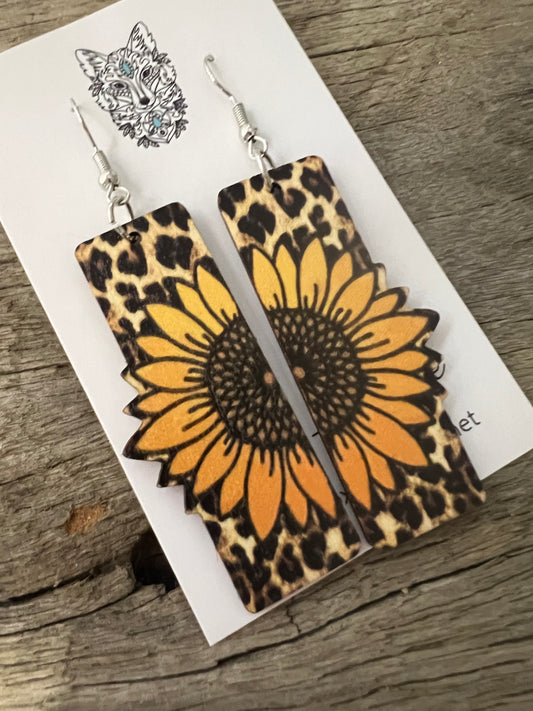 Sunflower Leopard Rectangular Natural Wood Earrings