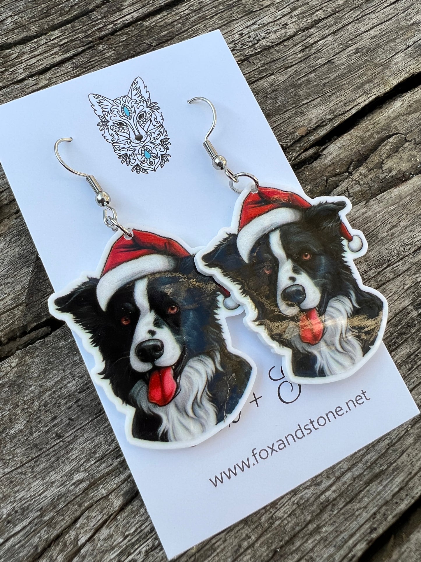 Border Collie Santa Hat Dog Earrings