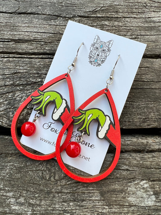 Grinch Wood + Bead Earrings