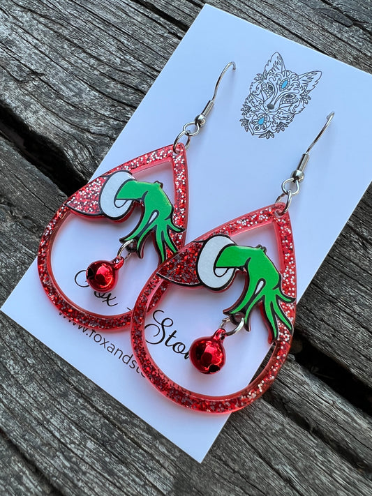 Grinch Resin + Jingle Bell Earrings