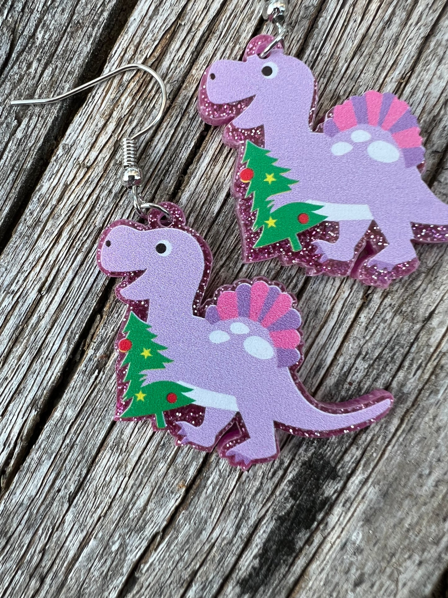 Purple Dinosaur Xmas Earrings