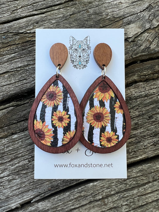 Petra Sunflower Teardrop Wood Earrings