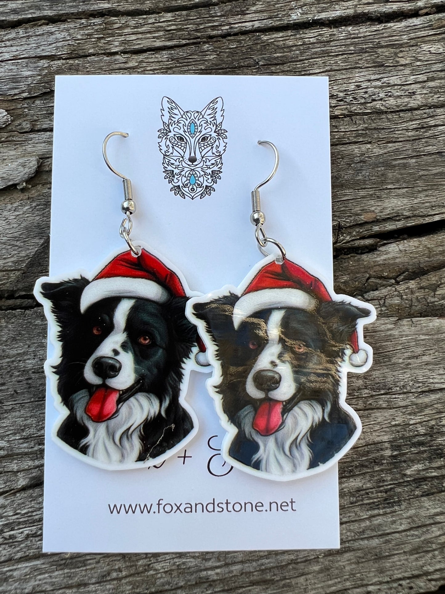 Border Collie Santa Hat Dog Earrings