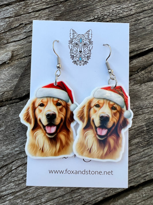 Golden Retriever Santa Hat Dog Earrings